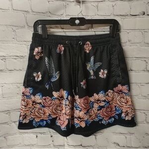 Women’s Black Floral & Bird Print Athletic Shorts